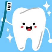 Cartoon tooth smiling and holding a toothbrush on a blue background