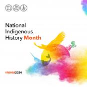 National Indigenous History Month image from Crown-Indigenous Relations and Northern Affairs Canada. Depicts a narwhal, a violin, and an eagle, representing the Inuit, Metis, and First Nations communities respectively. These images are made of and wreathed in multicoloured smoke. 