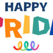 graphic that says "happy pride" in rainbow colours