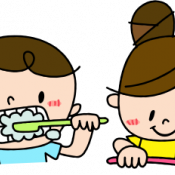 Two cartoon children brushing their teeth.